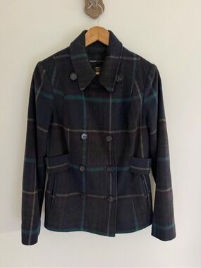 Moda International Wool Blend Plaid Double Breasted Peacoat Size 8